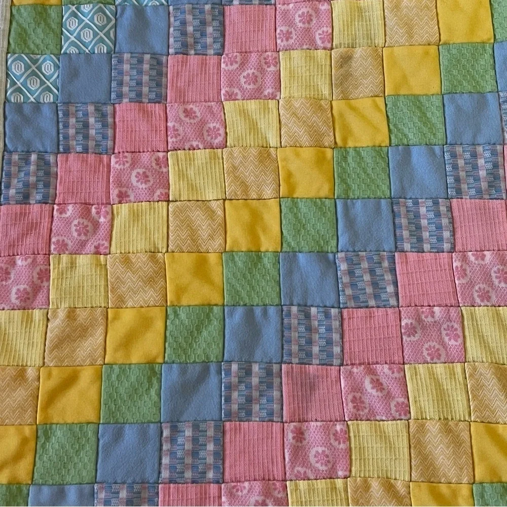 Pastel Baby Quilt Handmade Patchwork Satin Edge Crib Blanket Easter Pink Green